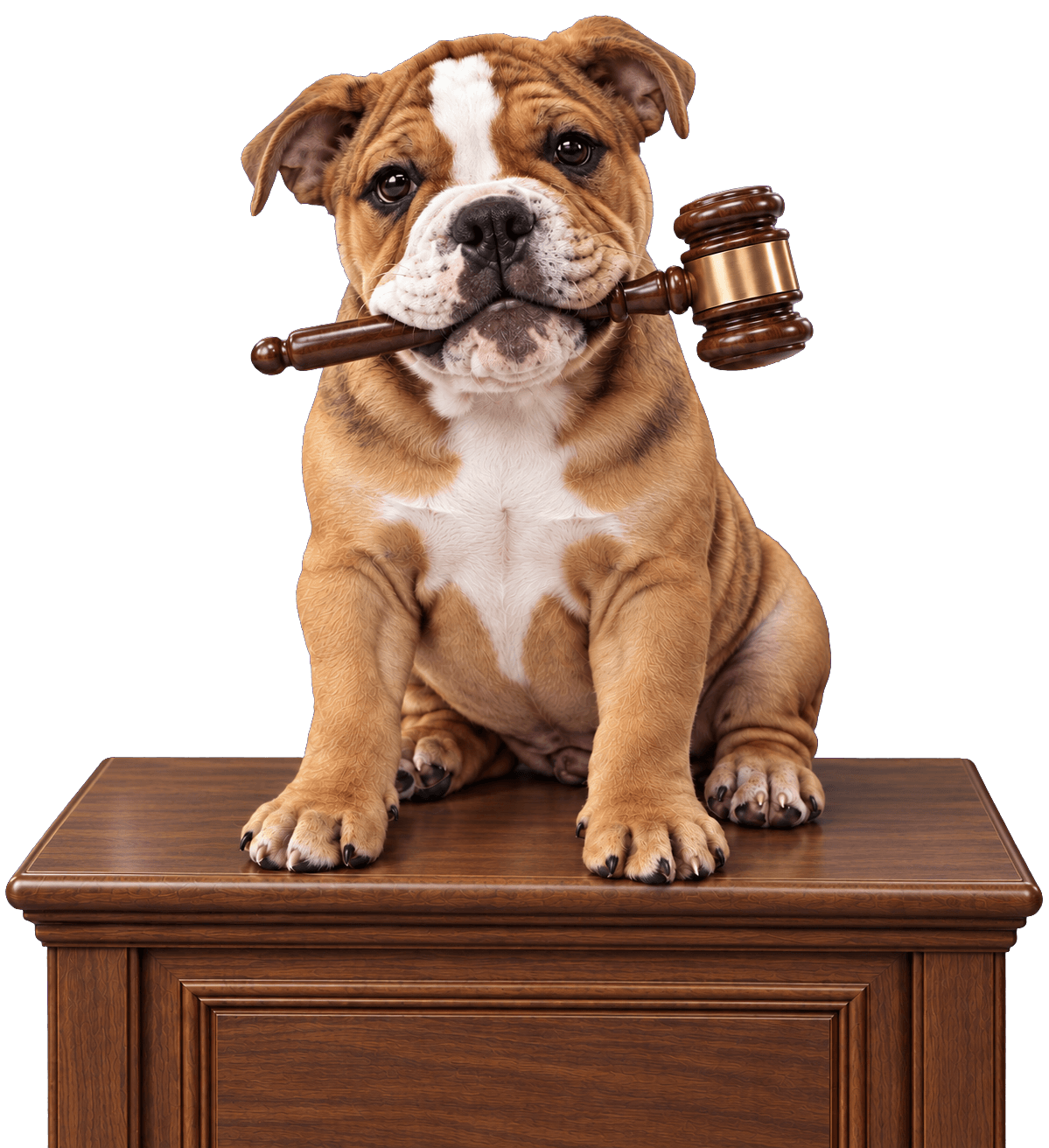 Buster holding a gavel, sitting on a walnut podium